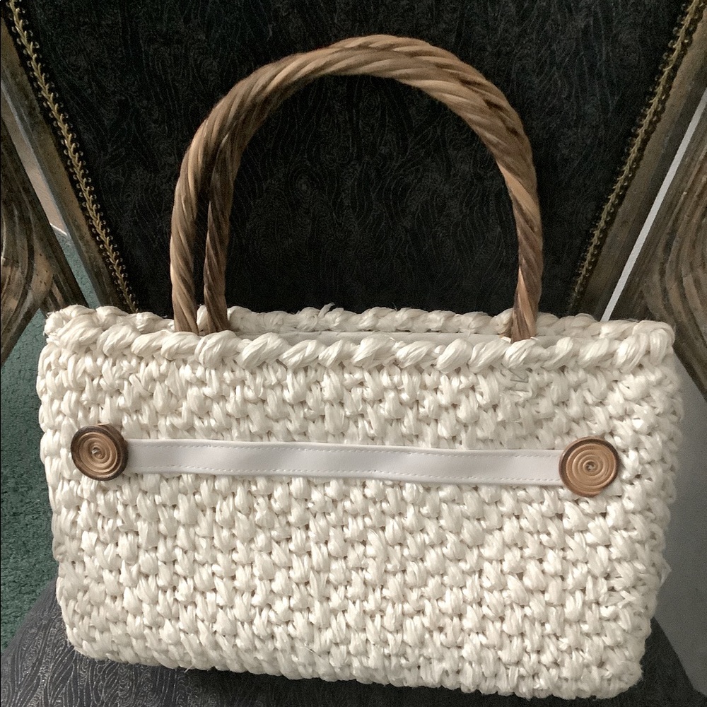 Ady Vintage Handbag Purse Off White Raffia Kiss Clasp Made in Japan Bag